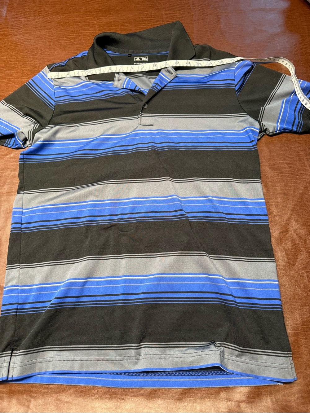 Adidas Men's Blue and Black Striped Polo Shirt